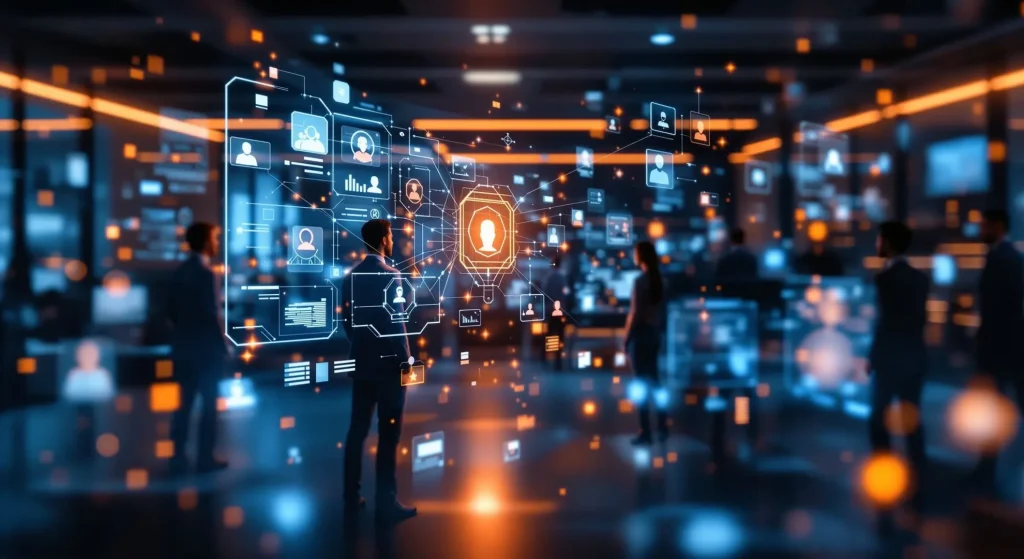 AI-powered business recommendation system showing digital profiles, customer data and online visibility signals in a futuristic workspace.