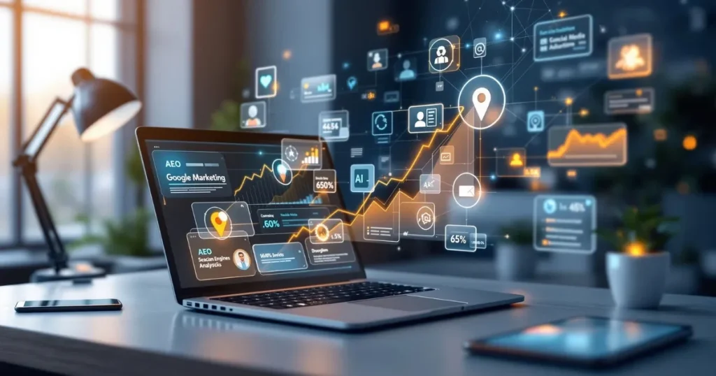AI Search Optimisation dashboard showing online visibility, local search signals, analytics and digital growth in 2026