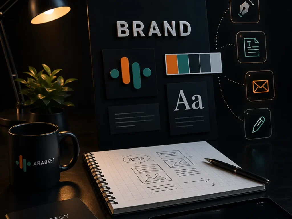 Brand content development strategy showing design system, typography, messaging and digital content planning