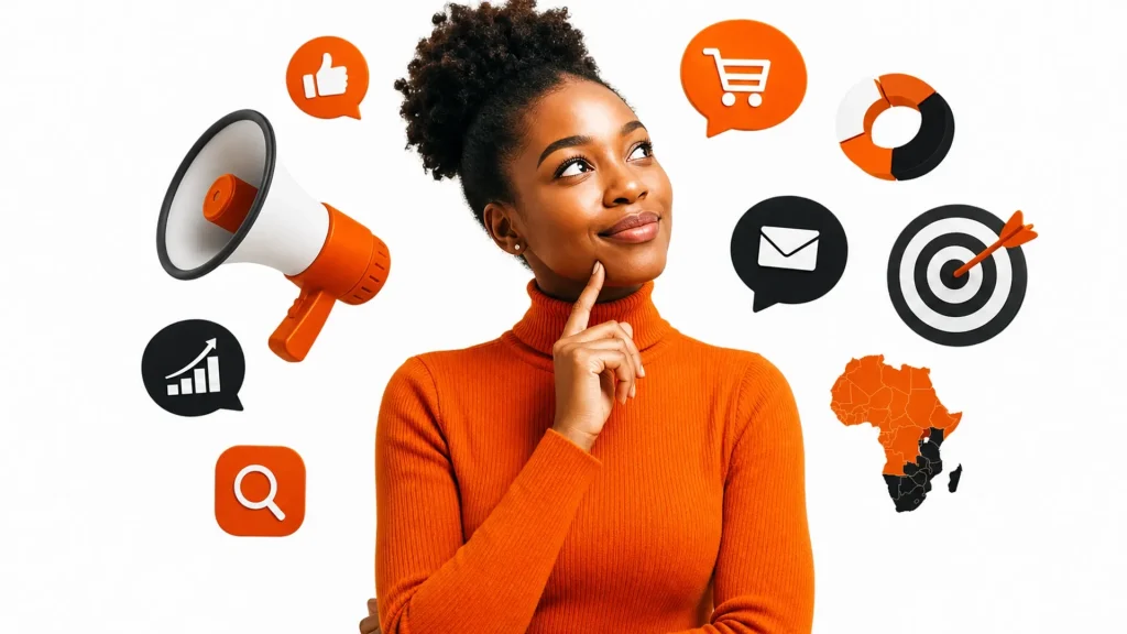 Digital marketing South Africa FAQs with marketing icons, search, social media and growth strategy visuals