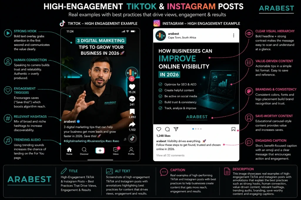 Infographic showing high-engagement TikTok and Instagram post examples with Arabest branding and annotations explaining social media best practices for SEO, AEO, engagement, hooks, captions, hashtags, and branding consistency.