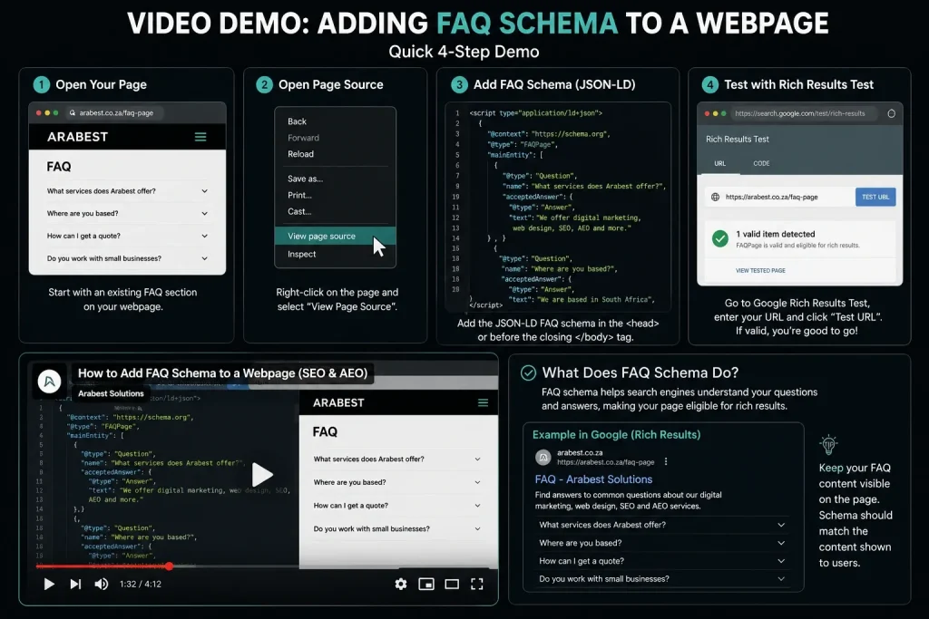Infographic tutorial showing a step-by-step demo of adding FAQ schema markup (JSON-LD) to a webpage for SEO and AEO optimisation, including schema validation with Google Rich Results Test.