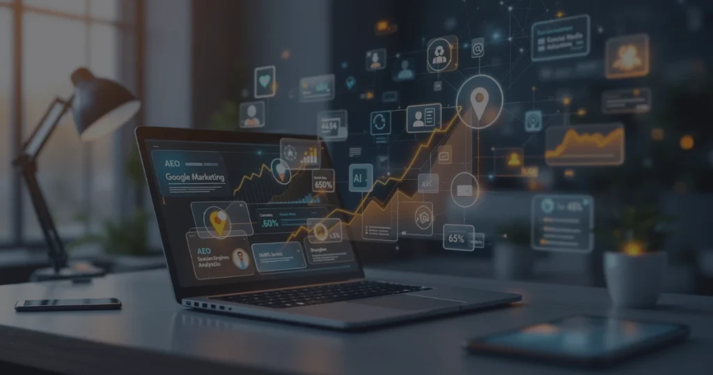 Laptop displaying AI marketing analytics, SEO, AEO, GEO, and digital growth data with floating social media and search optimisation elements representing online visibility strategies in 2026