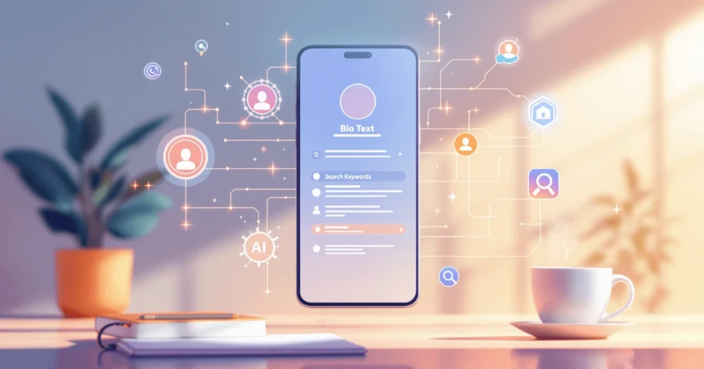 Illustration of social media profiles for AI search with AI visibility signals, keywords and profile optimisation icons