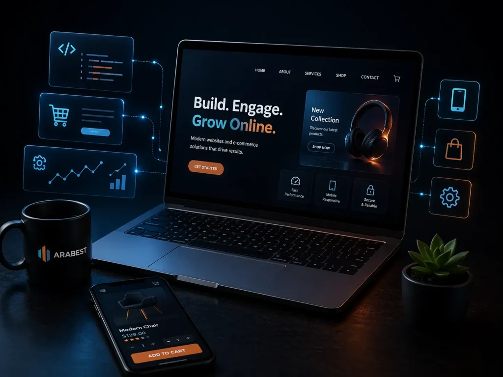 Website and e-commerce development concept showing online store design, user interface, analytics and digital sales optimisation